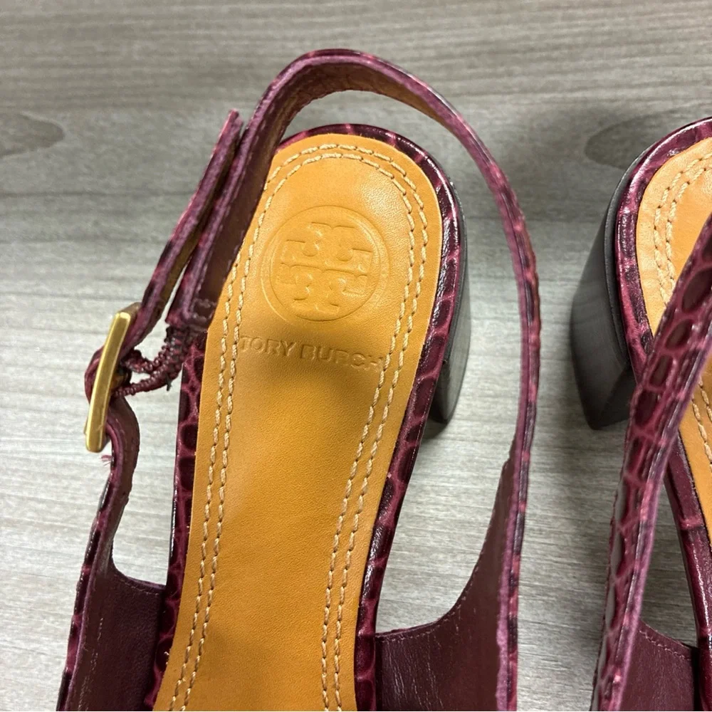 Tory Burch Mini Benton Charm Slingback Loafers, Burgundy Crocodile Embossed Sz 6